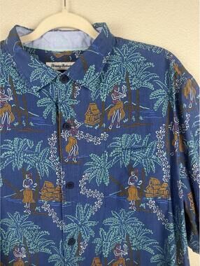 Tommy Bahama 100% Silk Hawaiian Shirt Mens Large Blue Hula Palm Tree Camp